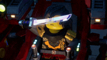 a lego character is holding a glowing sword with the letter n on his chest
