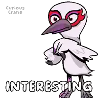 a cartoon drawing of a bird with a purple beak and the word interesting below it