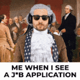 a man wearing a wig and sunglasses stands in front of a painting of george washington