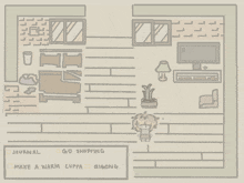a cartoon drawing of a living room with the words journal go shopping and make a warm cuppa