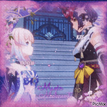 a couple of anime characters standing next to each other with the words andrew and kae in the corner
