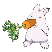 a white rabbit is eating a carrot with green leaves