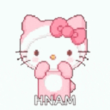 hello kitty is wearing a pink bow and holding a heart in her mouth .