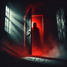 a shadow of a person is cast on a red wall in front of a wooden door