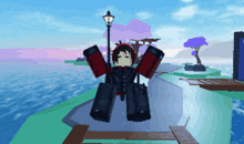 a person in a video game with their arms outstretched in front of the ocean
