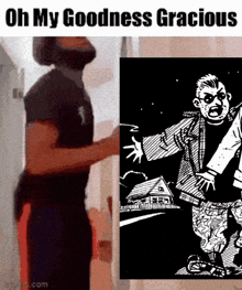 a man with a beard is standing next to a drawing of a man with a beard