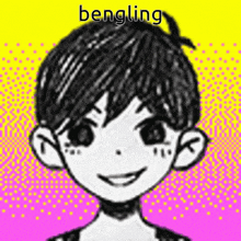 a black and white drawing of a boy with the word bengling written on it
