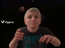 a young boy making a funny face in front of a viggle.ai logo