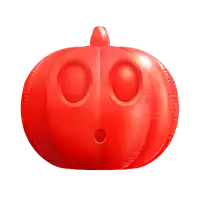 a red inflatable pumpkin with a surprised look on it 's face
