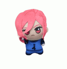 a stuffed doll with pink hair and a blue shirt with the number 4