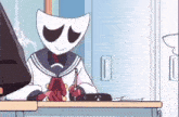 a cartoon character with a mask on his face is sitting at a desk in front of a computer .