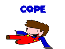 a cartoon of a boy laying on the ground with the word cope above him