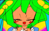 a drawing of a girl with green hair and a blue shirt