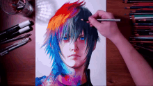 a person is drawing a colorful drawing of a boy with blue eyes