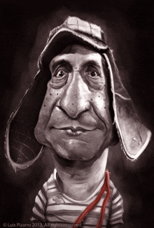 a black and white drawing of a man with a hat and a red tie by luis pizaro 2013