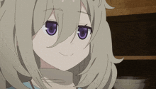 a girl with gray hair and purple eyes looks at the camera
