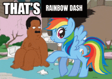 a cartoon of a man sitting next to a rainbow dash