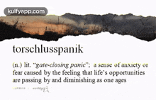 a picture of a sunset with the word torschlusspanik on it