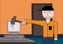 a cartoon character is holding a hammer in front of a computer
