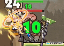 a cartoon character with a green number 10 on his back