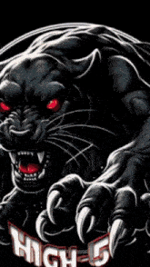 a black panther with red eyes is on a black background with the word high on it