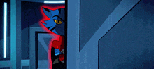 a blue and red cartoon cat with yellow eyes is standing in a doorway .
