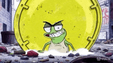 a cartoon frog is sitting in a hole in the ground in front of a yellow plate .