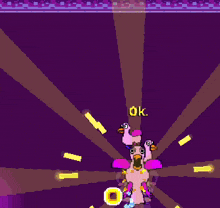 a purple background with pink birds and the words ok now i 'm angry in yellow