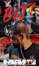 a man wearing ear buds stands in front of a sign that says beta insanity