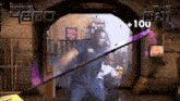 a video game screen shows a man holding a purple stick and a score of 4800