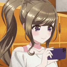 a girl with a ponytail is taking a picture of herself