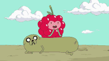 a cartoon of a dog and a raspberry with a crown