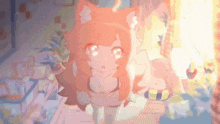 a cartoon girl with a cat ear is standing in a room looking at something .