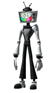 a cartoon character with a television head and a bow tie has the word abc on his head