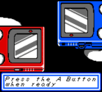 a red and a blue video game screen says press the a button when ready