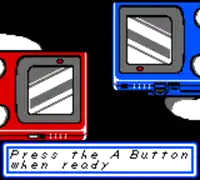 a red and a blue video game screen says press the a button when ready