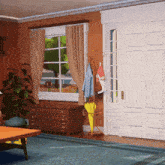 a drawing of a living room with a window and a coat rack
