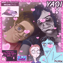 a picture of two men with hearts on their faces and the words yaoi on the top