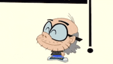 a cartoon character with glasses and a bald head is smiling and standing next to an exclamation point .