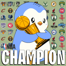 an illustration of a penguin holding a trophy that says nba champion on it