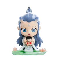 a figurine of a person with blue hair and a crown on their head