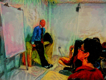 a painting of a man standing in front of a white board