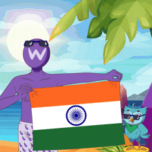a man with a w on his head is holding a flag