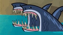 two sharks with their mouths wide open in the water