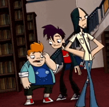 three cartoon characters are standing in a library and one has the letter g on his shirt
