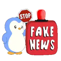 a cartoon penguin holding a stop sign next to a fake news sign