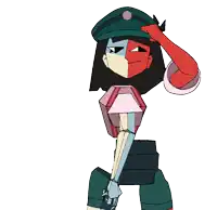 a cartoon character with a green hat and a red face