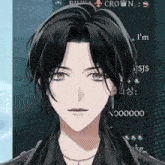 a man with black hair and purple eyes is standing in front of a sign that says crown and i 'm