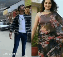 a man in a plaid jacket and a woman in a floral dress are dancing