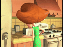 a woman in a green dress is using a toaster oven that says super oven on it